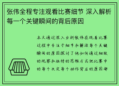 张伟全程专注观看比赛细节 深入解析每一个关键瞬间的背后原因