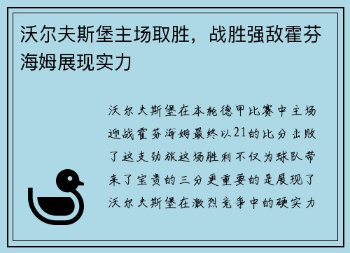 沃尔夫斯堡主场取胜，战胜强敌霍芬海姆展现实力