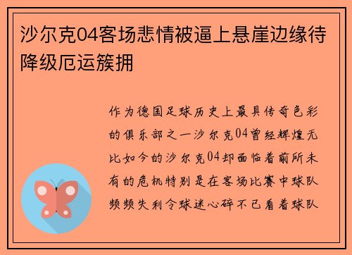 沙尔克04客场悲情被逼上悬崖边缘待降级厄运簇拥